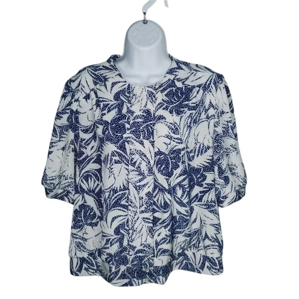 Vintage D'Allaird's Blouse Navy White Button Down Short Sleeves, XL